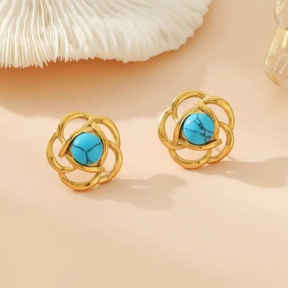 14K Gold Womens Round Turquoise Stud Earrings 14 Karat Silver Stamped Jewelry